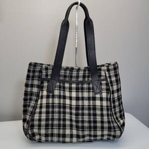 Roots Canada Tote Bag Purse Medium Wool Blend Tartan Plaid Leather Trim Travel